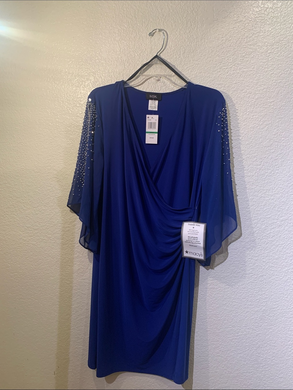 MSK Royal Blue Draped V-Neck Dress with Beaded Sheer Sleeves